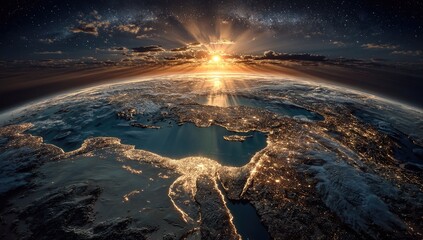 Earth's Eastern Mediterranean region at sunrise.  A breathtaking vista of the Eastern Mediterranean, seen from space, at sunrise. 