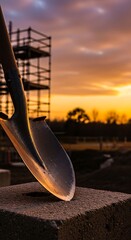Shovel Resting on Concrete Block at Sunset Construction Site