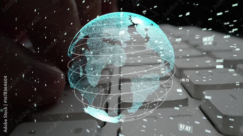 Poster this image features a digital representation of the globe alongside data visualizations, symbolizing