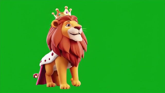 Cartoon lion wearing a crown and cape on green screen background