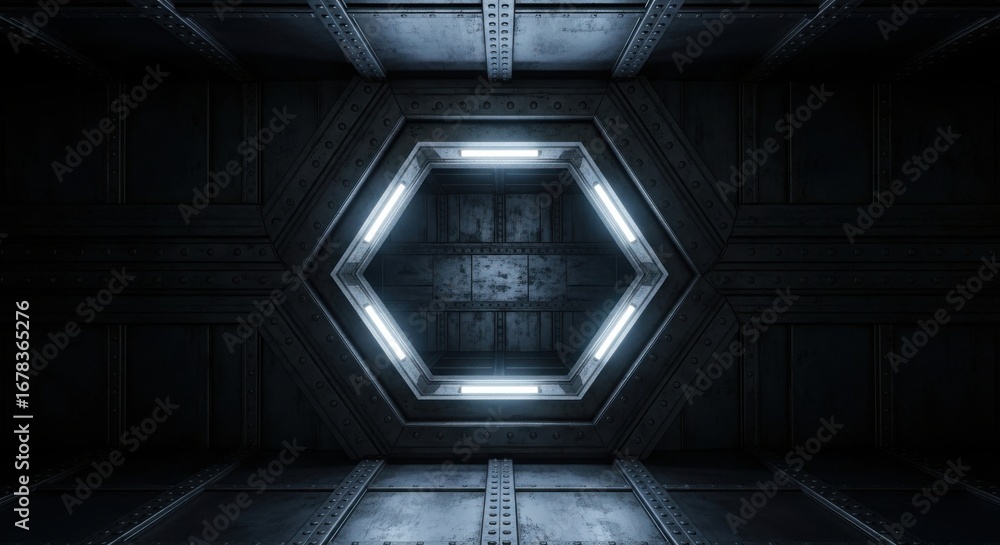Poster futuristic hexagonal tunnel corridor with glowing sci-fi lights in a dark environment