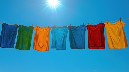 Colorful clothesline drying in bright sun