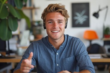 Portrait of smiling young man wearing a headset sitting in the office at a desk with a laptop, looking confidently at the camera while conducting a professional call or meeting, Generative AI