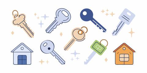 Collection of stylized keys and houses with sparkling accents representing home ownership and security
