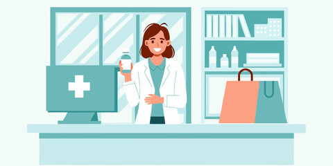 Smiling female pharmacist in a white coat holding a medicine bottle in a modern pharmacy