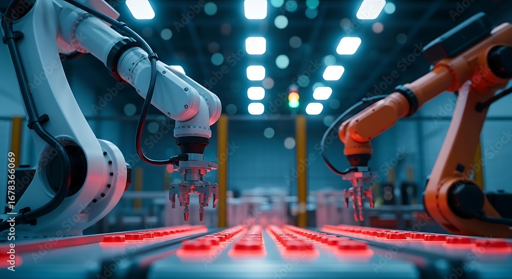 Aufkleber robotic arms on assembly line with red illuminated components