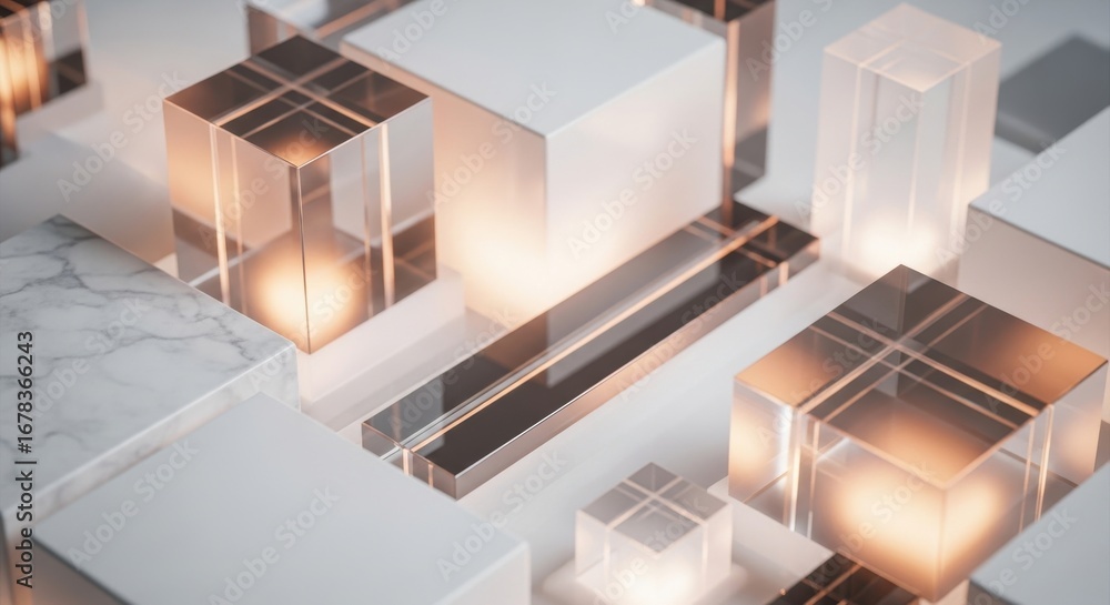 Poster geometric abstract design with frosted glass cubes and reflected light for modern concepts