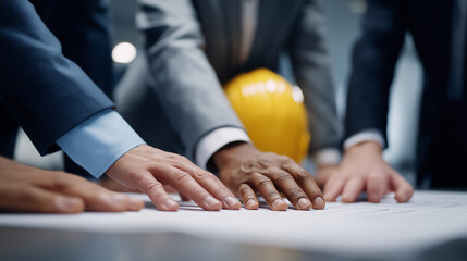 Group of businessmen in suits reviewing architectural blueprints or technical documents at a table.