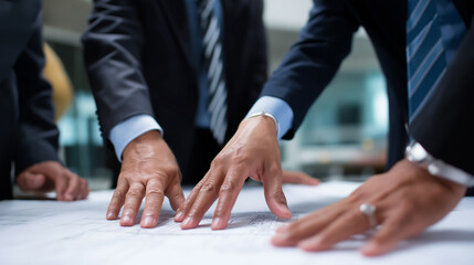 Group of businessmen in suits reviewing architectural blueprints or technical documents at a table.