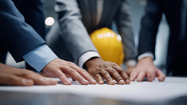 Group of businessmen in suits reviewing architectural blueprints or technical documents at a table.