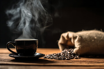 Fototapeta premium Hot coffee, roasted beans, and burlap on a rustic wooden table.