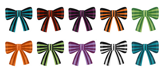 Collection of ribbon bows for Halloween. Striped multi-colored bows, Halloween spooky decor.