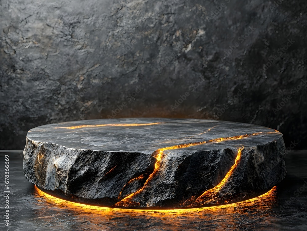 Poster dark stone podium with glowing lava cracks on a rough textured background creating a dramatic and po
