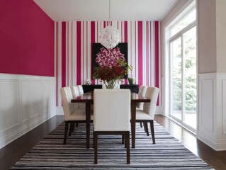 A stylish dining room boasts a vibrant pink and white striped wall, complemented by a wooden table and white chairs.