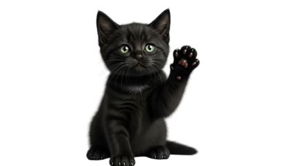 Adorable jet-black kitten with captivating emerald eyes, playfully raising a tiny, soft paw, isolated on a clean white background, radiating pure feline charm and youthful curiosity