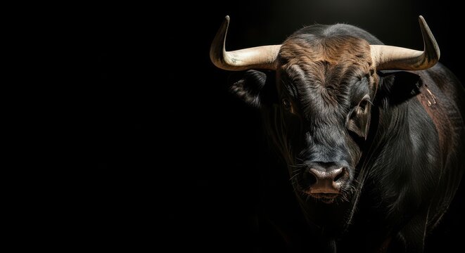 Powerful black bull portrait dramatic lighting majestic horns fierce expression