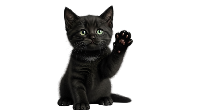 Adorable jet-black kitten with captivating emerald eyes, playfully raising a tiny, soft paw, isolated on a clean white background, radiating pure feline charm and youthful curiosity