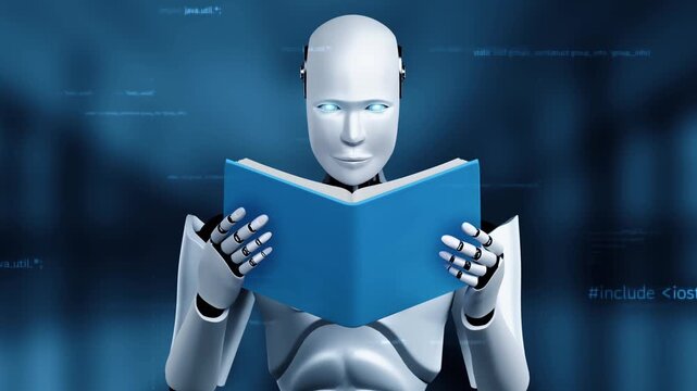 Futuristic robot artificial intelligence huminoid AI programming coding technology development and machine learning concept. Robotic bionic science research for future of human life. 3D rendering.