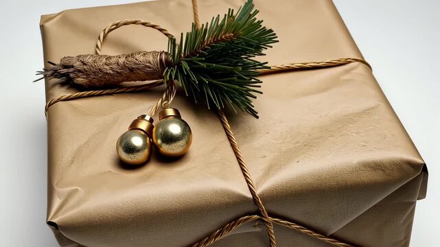 Rustic Gift Box Decorated with Pine Sprig and Gold Ornaments Wrapped in Natural Brown Paper and Twine Tied with Care for a Festive Occasion