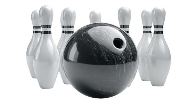 Bowling ball and pins isolated on transparent background
