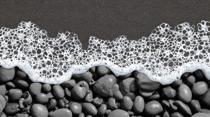 Close-up of ocean waves crashing on shore with frothy white bubbles, smooth wet stones scattered on sandy beach,