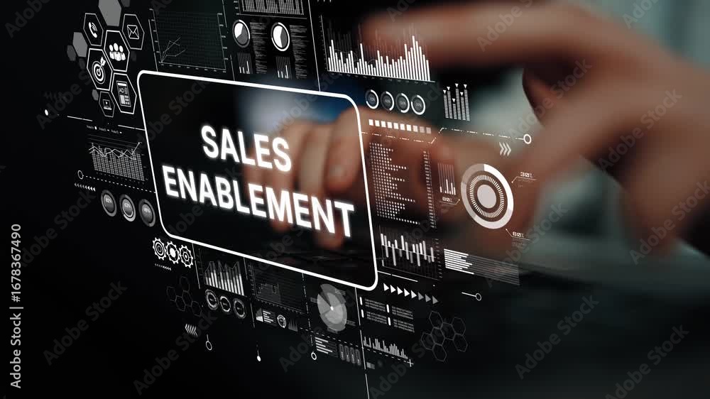 Poster business concept of sales enablement with digital interface, data visualization, and modern technolo