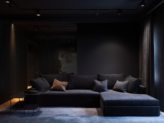 A dark and sophisticated living area features a plush sectional couch and ambient lighting, creating a cozy and modern ambiance.