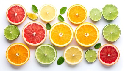 Obraz premium Vibrant Citrus Medley: Grapefruit, Lemon, Orange, and Lime Slices on White Background