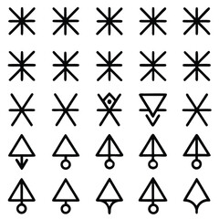 Obraz premium A collection of 25 unique geometric symbols and icons arranged in a 5x5 grid, featuring abstract shapes and stylized figures.