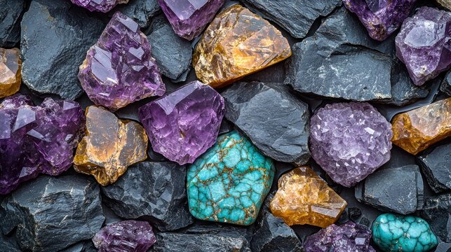 Colorful crystals on dark stone