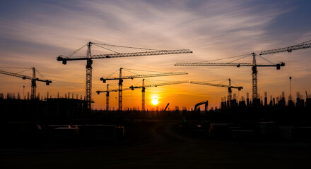 Silhouettes of towering construction cranes against a dramatic golden sunset, symbolizing urban development, industrial progress, and the dawn of a new architectural project