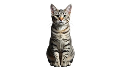 A beautiful striped tabby cat sitting upright and looking directly at the camera with an attentive expression, isolated on a clean white background