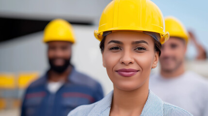 Confident female construction worker wearing a yellow hard hat with teammates in the background.