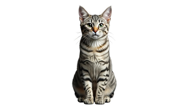 A beautiful striped tabby cat sitting upright and looking directly at the camera with an attentive expression, isolated on a clean white background - Powered by Adobe