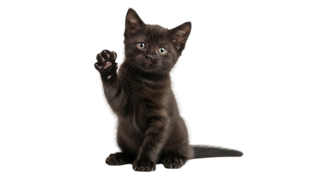An adorable tiny black kitten with bright, expressive eyes and a raised paw, sitting playfully on a crisp white background, showcasing its innocent charm and mischievous spirit