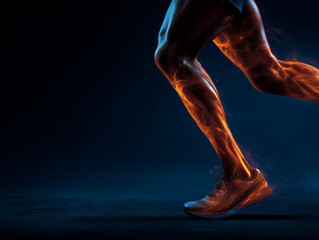 dynamic shot of athletic person mid stride running, showcasing powerful leg muscles and motion effects. image conveys energy and determination in sports