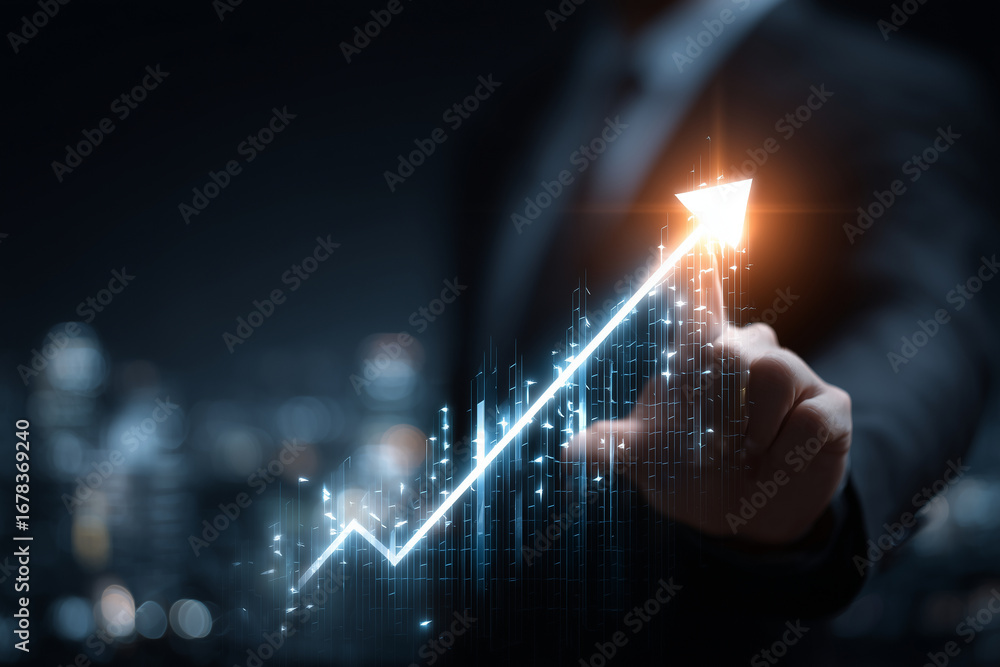 Poster businessman points to glowing upward arrow graph, symbolizing growth and success in digital environm