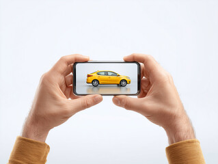 person holding smartphone capturing yellow car image. scene conveys excitement and modern technology in photography