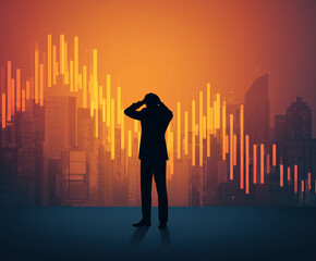 businessman stands in silhouette against vibrant city skyline, expressing stress and concern over financial difficulties, with stock market graphs in background
