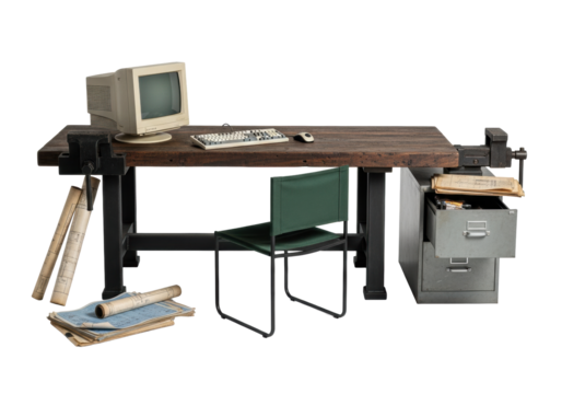 Robust industrial workbench with reclaimed wood, retro CRT monitor, keyboard, mouse, and blueprints on a transparent studio background, concept of vintage craftsmanship