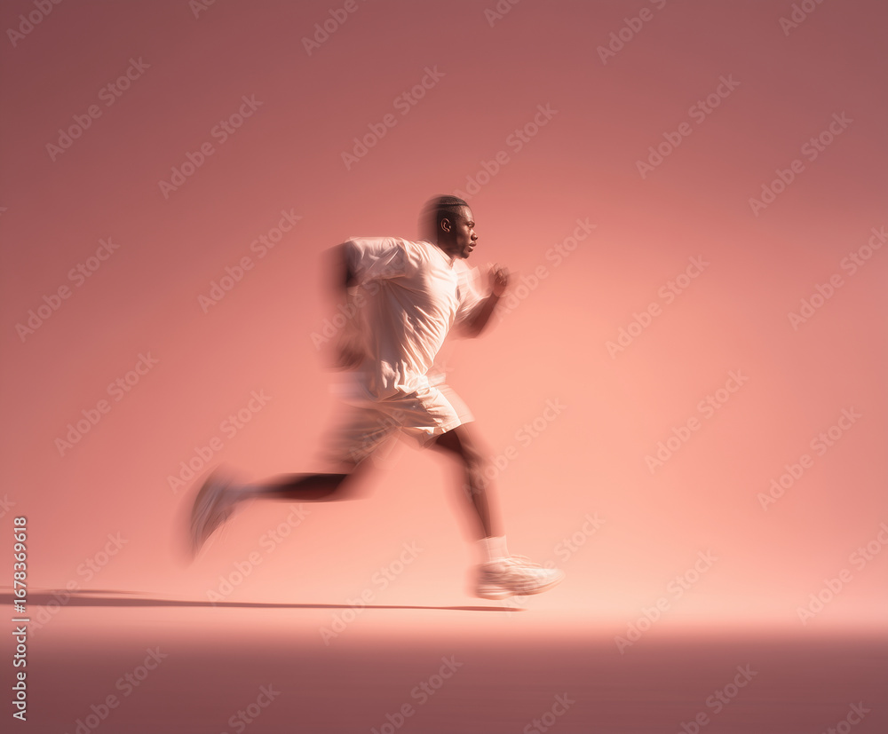 Poster dynamic low angle shot of runner in motion, showcasing speed and determination against soft pink bac