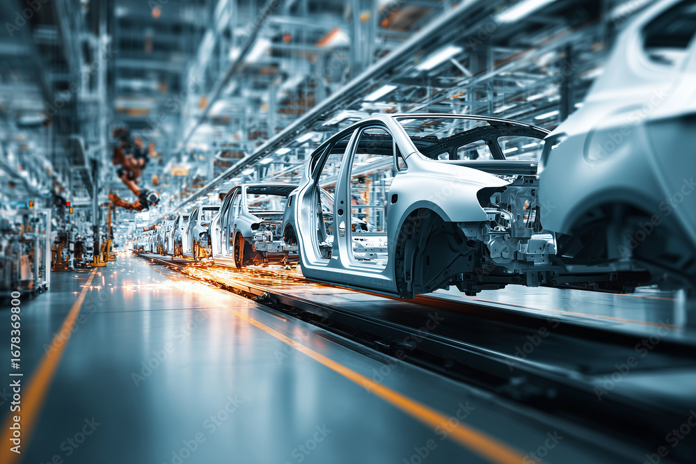 Poster modern automotive assembly line with cars in production, showcasing advanced technology and efficien