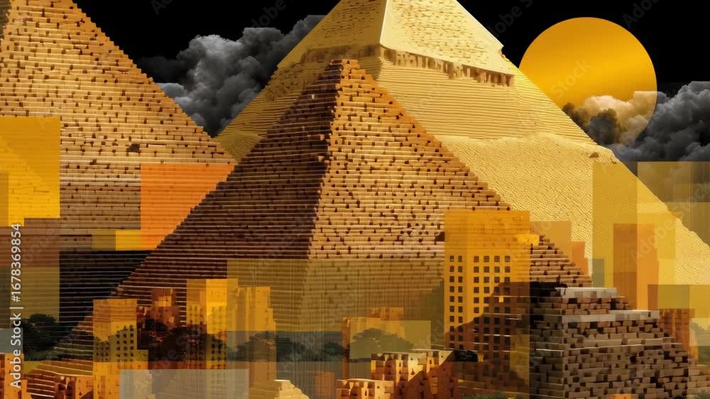 Aufkleber digital artwork of pyramids at sunset with abstract cityscape and colorful geometric patterns