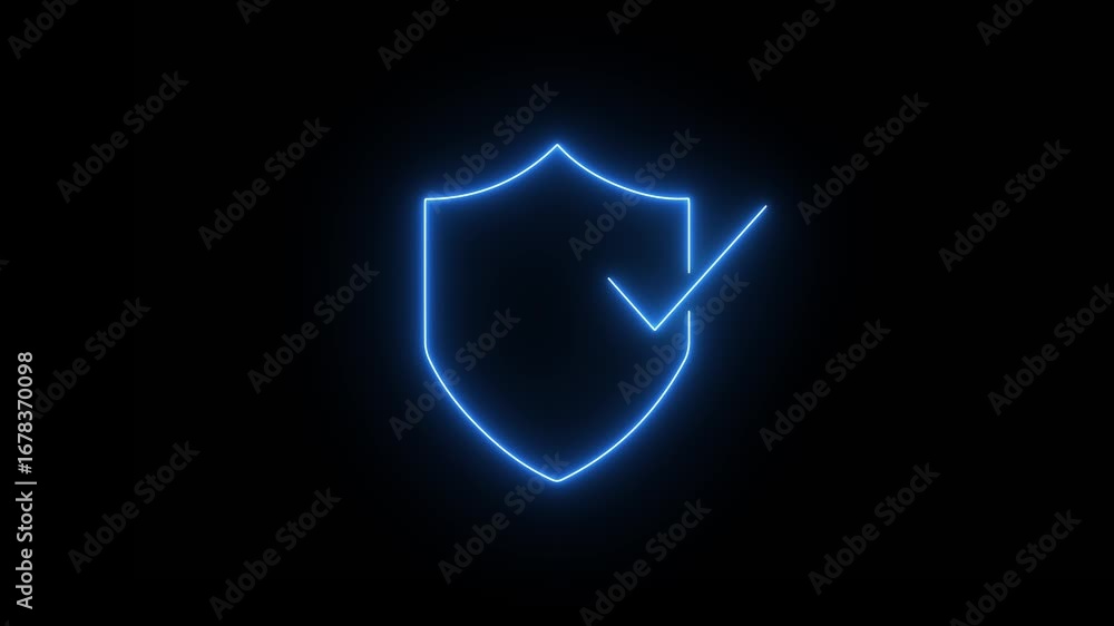 Poster neon shield icon with check mark sign animation on black background. shield security icon motion gra