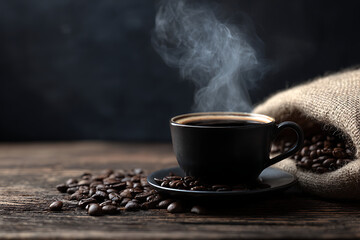 Fototapeta premium Steaming hot coffee cup with roasted beans on rustic wooden surface