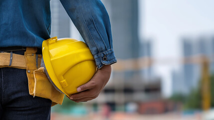 Close-up of a construction worker holding a yellow safety helmet with a blurred building site in the background.