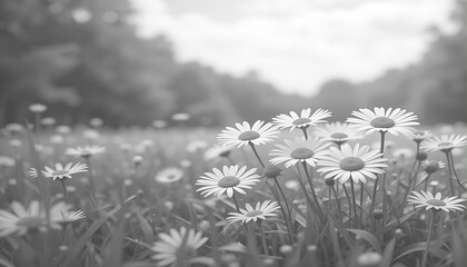 Serene monochrome field of daisies blooming in soft sunlight creating a peaceful scene