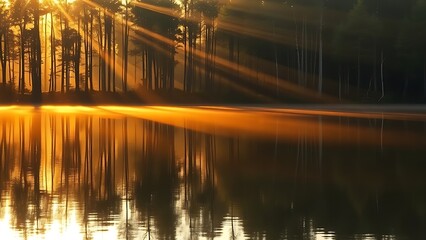 Tranquil forest scene reflected in a still lake under golden morning sunlight.