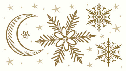 Elegant gold crescent moon and snowflakes with scattered stars on a white background for winter holidays