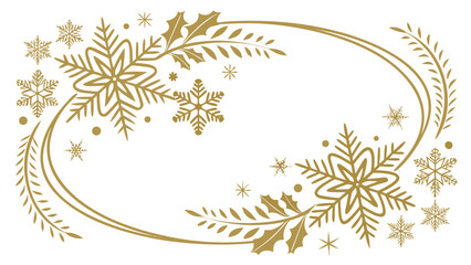 Elegant gold snowflake and holly border with oval frame for winter holiday design